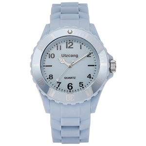Waterproof quartz sport watch for children with light blue silicone strap on white background