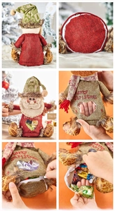 Detail of burlap Christmas gnome gift bag with a heart window and white zipper closure