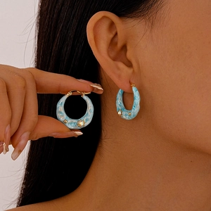Vintage blue marble resin hoop earrings with gold metal and small rhinestones for women