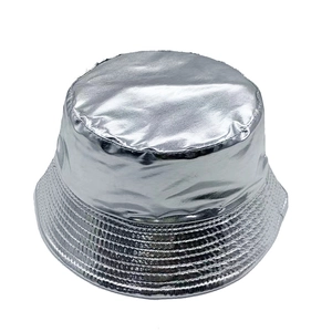 Fashionable metallic silver bucket hat with reflective surface and stitched brim