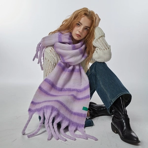 Fashionable purple striped plush scarf with long tassels and soft thick knit texture