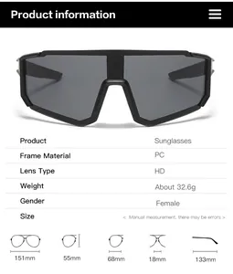 Detailed size chart for PC frame sports sunglasses with lens dimensions and total frame width