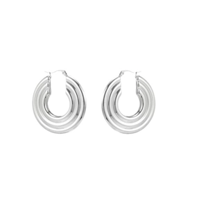 Minimalist silver stainless steel triple ring earrings featuring a geometric nested design