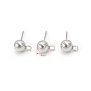 6mm silver stainless steel ball stud earrings with loop for DIY jewelry making