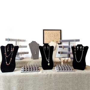 Three-tier velvet jewelry display stand for rings and watches with a burlap texture base