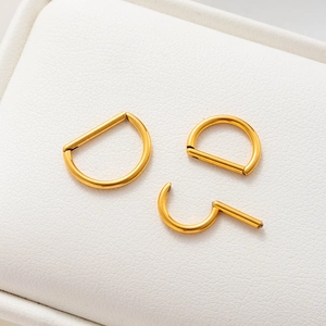 Detailed macro view of three golden G23 titanium D-shaped hinged clicker rings