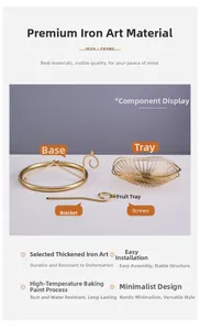 Disassembled gold iron fruit basket parts including mesh trays, base and S-shaped frame