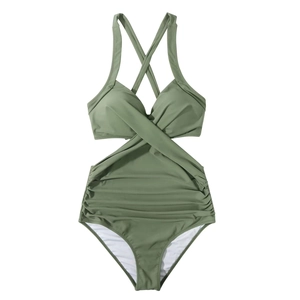 Detail view of olive green one-piece swimsuit featuring front crisscross cut-outs and ruching