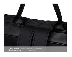 Detail of stitched shoulder straps and quilted nylon pattern on black fashion backpack