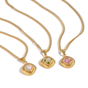 Retro square textured gold necklaces with white, green and pink zircon pendants
