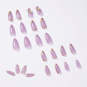 Lavender gradient press-on nails with gold edges and 3D butterfly accents 24pcs set