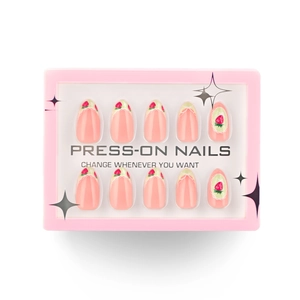 French almond press-on nails set with strawberry pattern and white lace designs