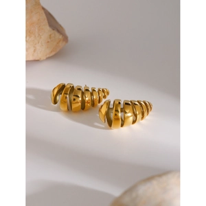 Polished 18K gold-plated stainless steel teardrop hoop earrings on a natural stone base