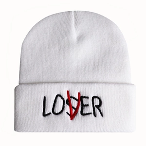 White knit beanie with Loser Lover creative embroidery and ribbed fold-over design
