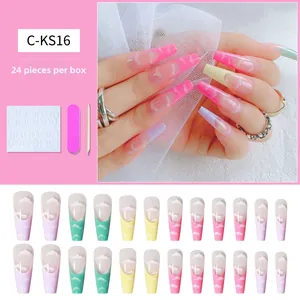 Kit détaillé de 24 faux ongles cercueil longs avec design nuage et outils de manucure