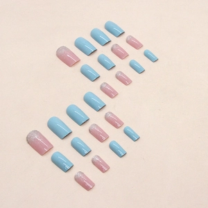 Blue and glitter pink square press-on nails set with 24 pieces in S-curve arrangement