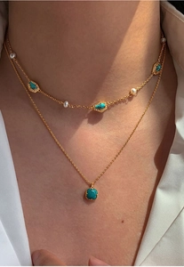 Close-up of 18K gold plated necklace featuring turquoise pendants and freshwater pearls