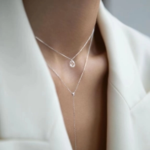 Elegant S925 silver necklace set with teardrop zircon pendants in a layered Y-shape design