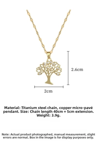 Detailed view of Tree of Life gold necklace with dimensions and titanium chain specs
