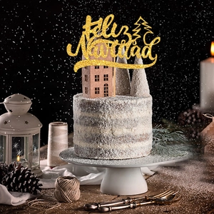 Golden glitter Feliz Navidad cake topper with Christmas tree design for party decor