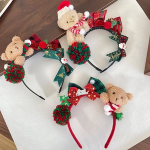 Christmas Headband With Plush Bear Bow Christmas Tree Hair Hoop For Kids Holiday Party Photo Props Cute