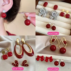 Heart Bow Flower Square Earrings Red Alloy Drip Oil Rhinestones Jewelry With Silver Earring Post Vintage Style Women