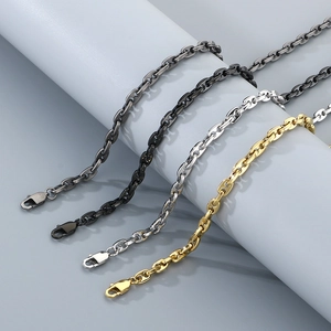 Flat coffee bean link bracelets in gunmetal, black, silver, and gold stainless steel finishes