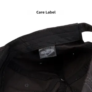 Detail of the high-quality care label and internal stitching on this 100% cotton baseball cap