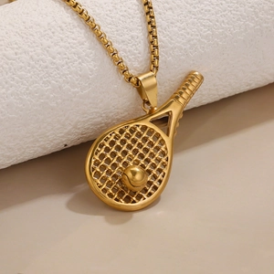 Golden tennis racket necklace with small ball pendant on box chain for sports fans