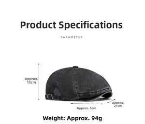 Detail view of washed denim newsboy cap with measurement specs and metal adjustment buckle