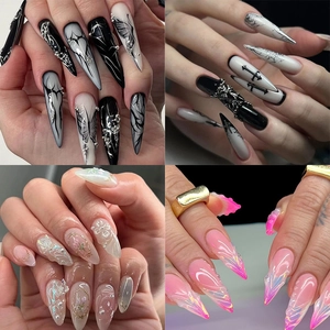 Faux Ongles Long Stiletto Press On 3D Relief Gothic Y2K Punk Floral Design ABS Ongles Artificiels Avec Colle Gelée Et Lime à Ongles