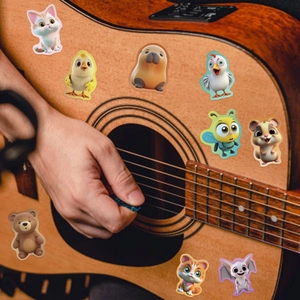 50pcs cute 3D cartoon animal stickers decorating a guitar with vibrant colorful borders