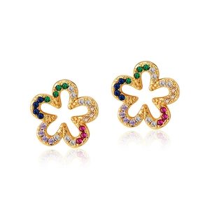 Colorful zircon flower stud earrings in gold plating with vibrant five-petal design
