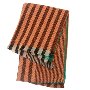 Detailed view of orange striped scarf with green trim and fine fringe tassel texture