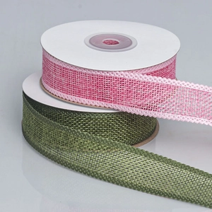 Detail of pink and olive green wavy edge faux linen ribbons with mesh texture