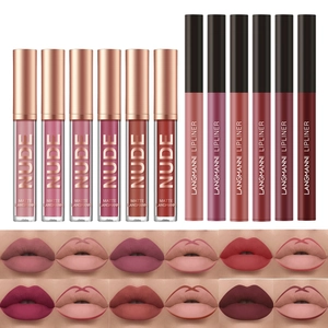 Matte lip gloss and lip liner set featuring six nude shades with full lip swatches