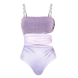 Purple shimmer one-piece swimsuit with cutout waist and elegant faux pearl straps