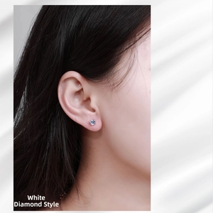 Classic 4-prong white moissanite stud earring worn on model ear for style reference