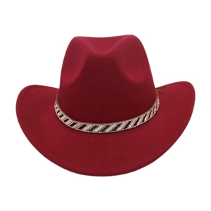 Classic wine red wool fedora western cowboy hat with striped rhinestone band decor