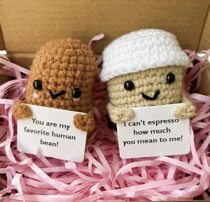 Handcrafted crochet human bean and espresso plush dolls in a decorative gift box