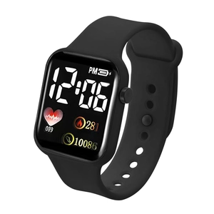 Detail view of the digital display showing time, heart rate, and steps on the sports watch