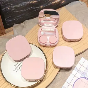 Pink minimalist contact lens case kit with mirror and tweezers for travel storage