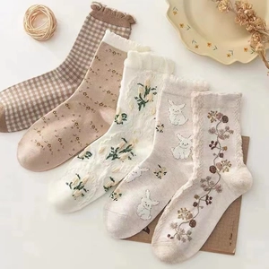 Set of five retro Japanese style cotton crew socks with floral and plaid patterns