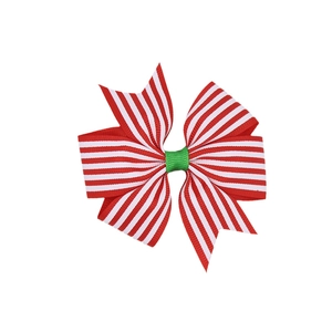 Christmas striped bow hair clip for girls featuring red white stripes and green center