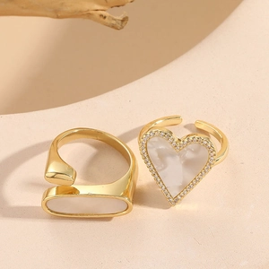 Elegant 14K Gold Plated Copper Zirconia Heart Shell Open Ring Adjustable Geometric Mother Of Pearl Women Jewelry Gift