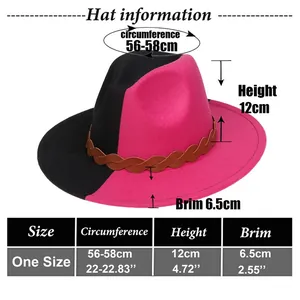 Size chart showing circumference, height, and brim width for the gradient felt fedora hat