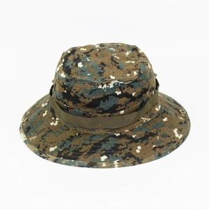 Tactical digital camouflage boonie hat with wide brim and green webbing for sun protection