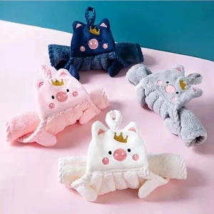 Absorbent coral fleece hand towels with cute pig design in four assorted colors