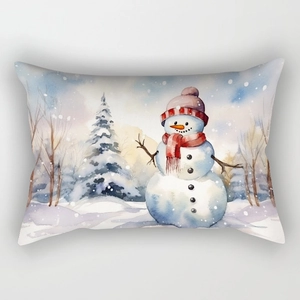 Detailed watercolor snowman pattern on winter pillowcase with red scarf and hat