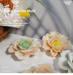 Detail of rose and peony shaped candles made from DIY silicone flower candle molds